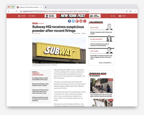 Subway HQ Suspicious Powder, NY Post.